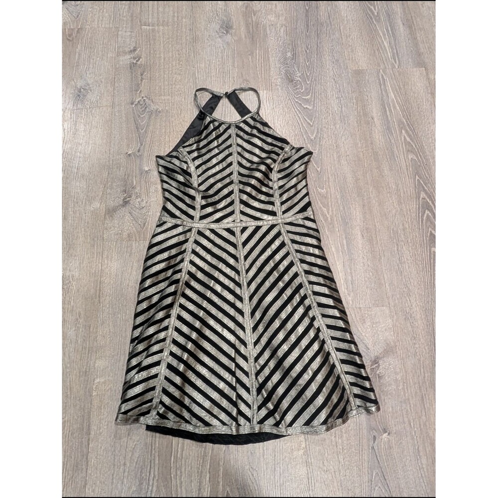 Parker NY Metallic Gold Black Geometric Chevron Stripe Halter Mini Dress Small